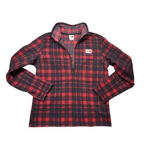 The North Face Fleece Pullover Mens Medium Red Black Plaid Quarter Zip Jacket